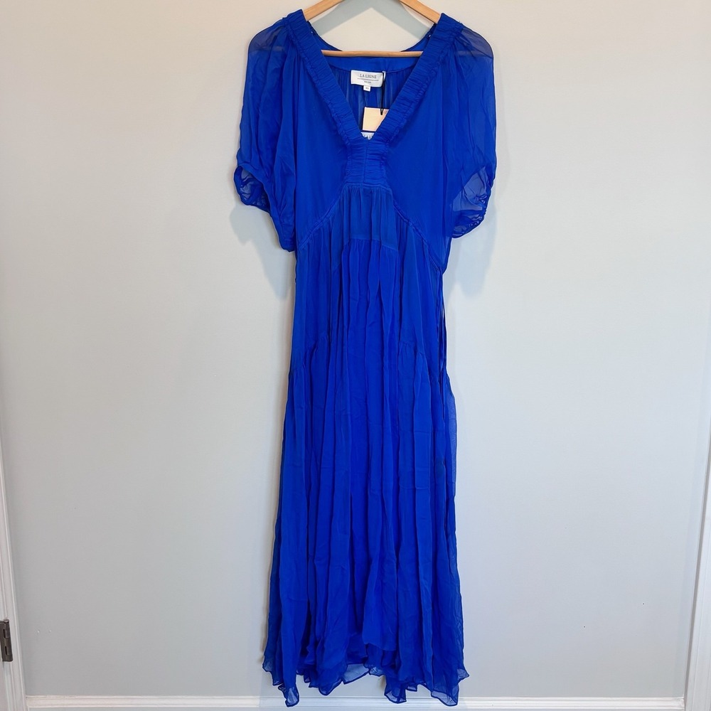 La Ligne Constance Dress Womens Extra Small Cobalt Blue Maxi Sheer Flowy V‎ Neck